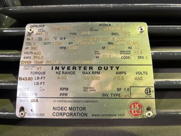 350 HP 1200 RPM U.S. Motors, Frame 449TZ, TEFC BB, 460 Volts New Surplus (2 available) - Image 3