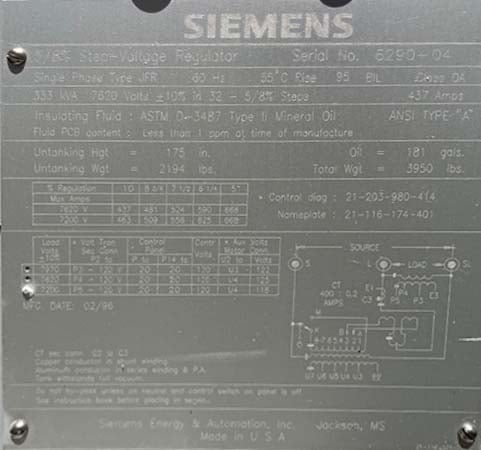 333 KVA, 7620 V, SIEMENS, 5/8% STEP-VOLTAGE REGULATOR, TYPE JFR - Image 1