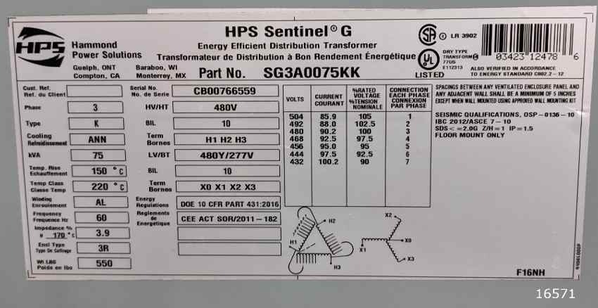 75 KVA 480 Primary, 227 Secondary, Hammond HPS #Sentinal-G Transformer - Image 4