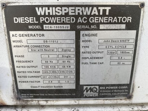 80 KW Multiquip #DCA100SSJU, rental grade diesel power module, 100 KVA, 480 Volts, 1998 - Image 4