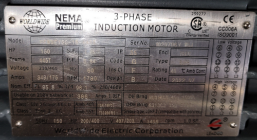 150 HP 1790 RPM Worldwide, Frame 445T, TEFC, 1.25 service factor, 230/460 Volts (2 available) - Image 2