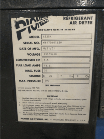 Pioneer #R235A, Refrigerant Air Dryer, 2001 - Image 3
