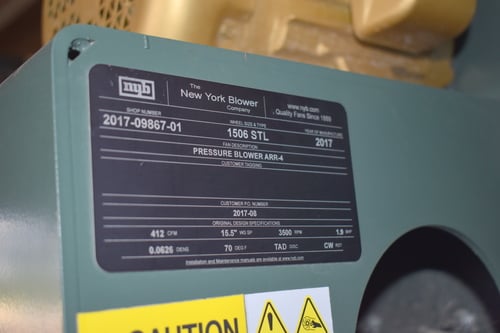 412 cfm @ 15-1/2" S.P., New York Blower fan, 3 HP, clock wise rotation, adjustable discharge positioners, 2017 - Image 6