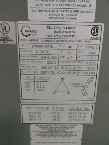 40 KVA 480 Primary, 208Y/120 Secondary, Fargo 3 phase Transformer - Image 5