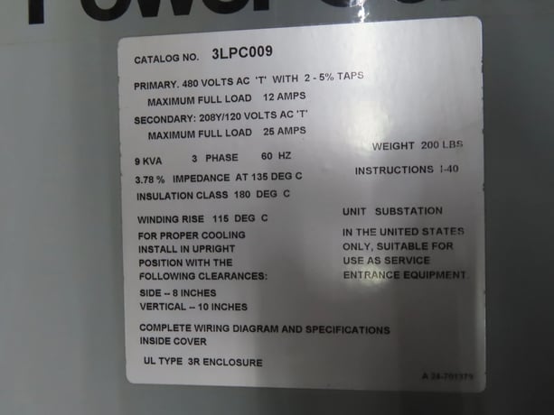9 KVA 480 Primary, 208Y/120 Secondary, Siemens Power Center transformer 3LPC009, new, 1 yr warranty (11 - Image 6