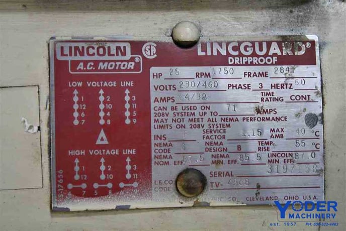 25 HP 1750 RPM Lincoln, Frame 284T, DP, 230/460 Volts, #54122 - Image 3