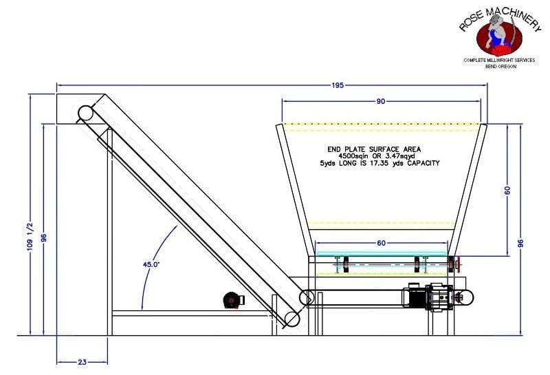 Rose Machinery #17-yard, Surge Bin, 17 yards, 3 HP, 8' width x 8' tall, 17' L, 3' discharge H, 1 Yr Mfr. - Image 1