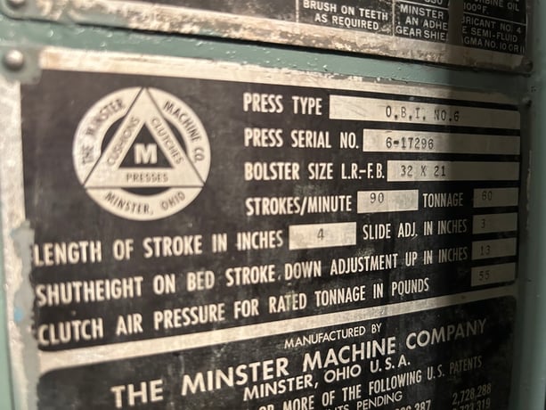 60 Ton, Minster #6, 4" stroke, 13" Shut Height, 32" x21"bed, 90 SPM, 3" adj.,air clutch, 1968 - Image 9