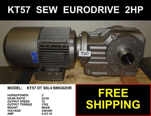 2 HP 1720 RPM Sew-Eurodrive KT57 DT90L4BMG2HR, Frame M4AB, TEFC, 24:1 Ratio, 230/460 Volts, Helical Bevel - Image 1