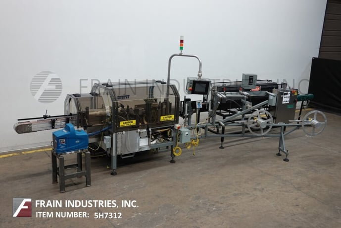 Trine #4500GS, Stainless Steel, roll fed, wrap around, hot melt glue labeler and shrink tunnel rated from - Image 1