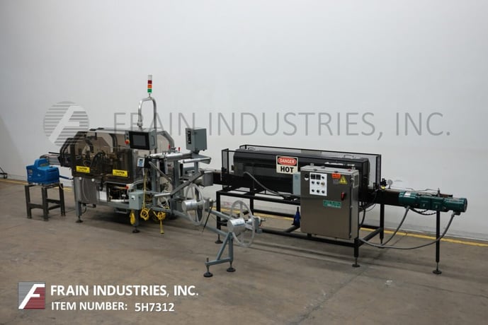 Trine #4500GS, Stainless Steel, roll fed, wrap around, hot melt glue labeler and shrink tunnel rated from - Image 5