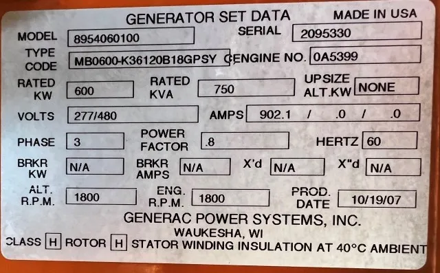 600 KW Generac #8954060100, standby diesel generator, 277/480 Volts, Mitsubishi engine, 2007, #089151 - Image 6