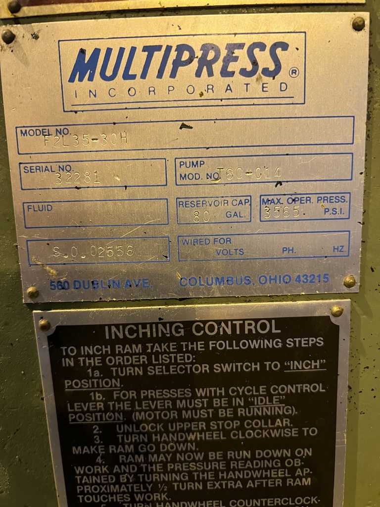 35 Ton, Denison Multipress #FL2-35, 15" stroke, 25" daylight, 6" cylindrical diameter, 1988 - Image 2