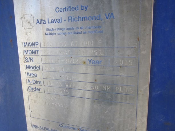 30 sq.ft., Alfa-Laval, Vertical Plate Exchanger, 150 psi, 300°F, 2015, #113353 - Image 2