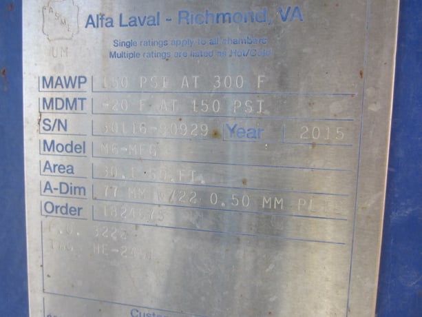 30 sq.ft., Alfa-Laval, Vertical Plate Exchanger, 150 psi, 300°F, 2015, #113353 - Image 3