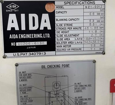 66 Ton, Aida #NC1-60, gap frame press, 6.69" stroke, 15.1" Shut Height, 45-85 SPM, air clutch, 1985 - Image 3