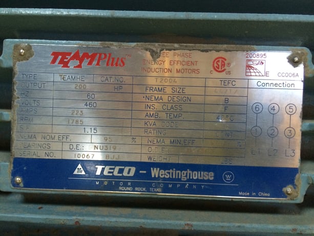 200 HP 1800 RPM Teco, Frame 447TZ, TEFC, 1.15 service factor, 460 Volts - Image 1