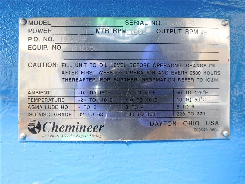 2.5 HP @ 1800 RPM, Chemineer #22GTD-7.5 turbine agitators, 45 RPM out, unused surplus - Image 6