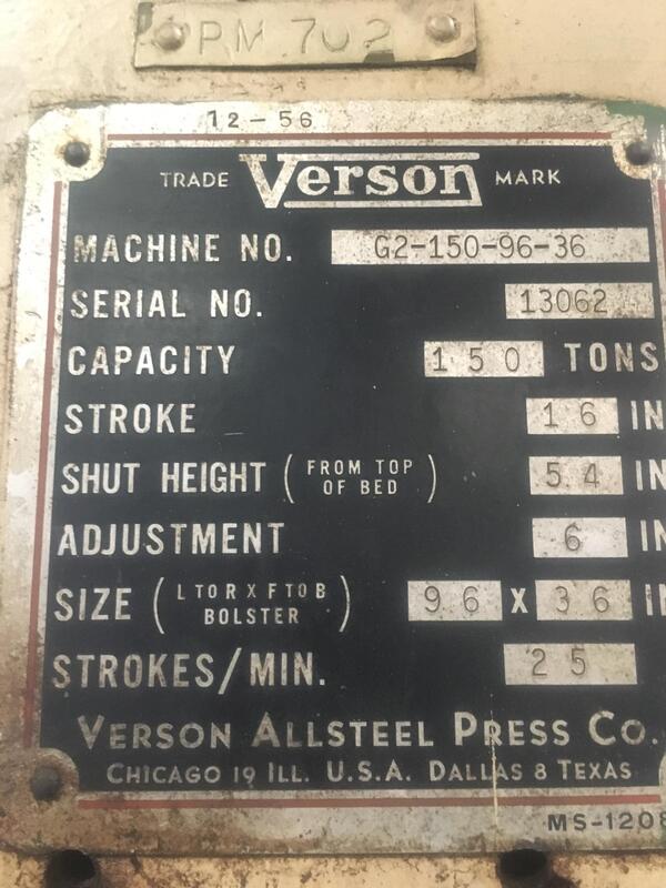 150 Ton, Verson, double crank gap frame press, 8" stroke, 28" Shut Height, 4" adj., 20-60 SPM, 108" x30"bed - Image 7
