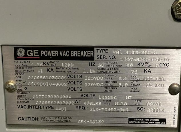1200 Amps, General Electric, PowerVac, switchgear 4160 Volts - Image 3