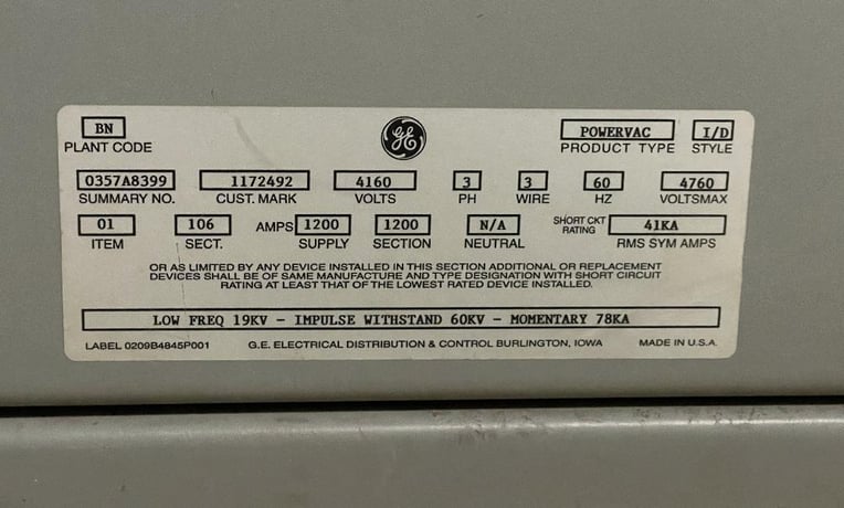 1200 Amps, General Electric, PowerVac, switchgear 4160 Volts - Image 9