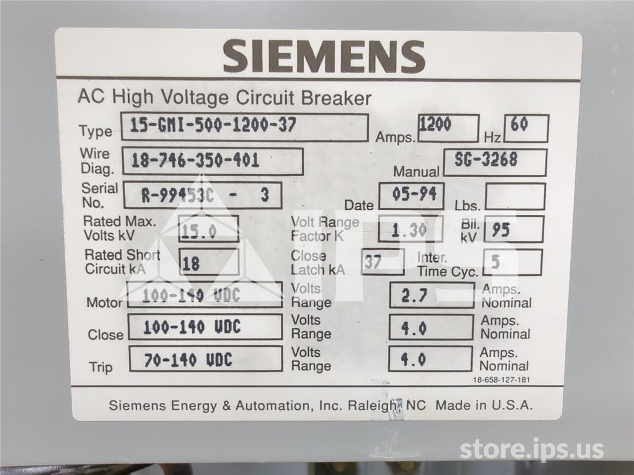 1200 Amps Sa 15-gmi-500 (15gmi) 125 Volts DC Control, 18k Amps Sc, Bottle# Vs17006 - Image 5