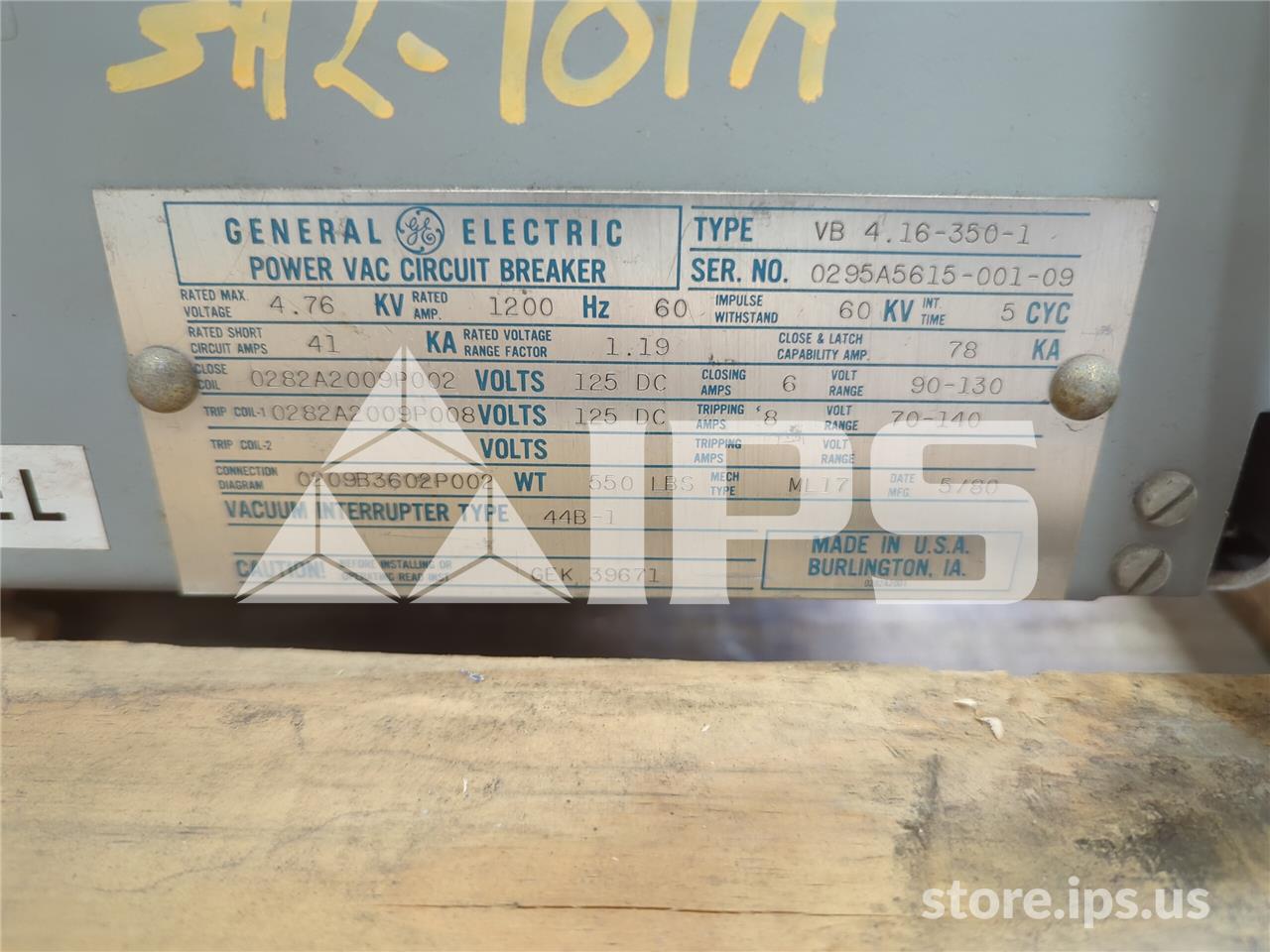 1200 Amps GE Vb 4.16-350-1 Ml-17 (vb 4.16-350) 125 Volts DC Controls, 44b1 Vacuum Bottle - Image 4