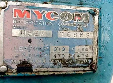 100 HP Mycom N6BM, Bare 6-Cylinder Reciprocating Compressor, Semi-Hermetic Driven, 208-230/460 V, 470 psig - Image 8