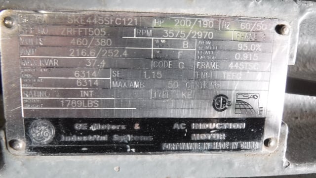 200 HP 3600 RPM General Electric, Frame 445TSC, TEFC BB, 460 Volts (2 available) - Image 1