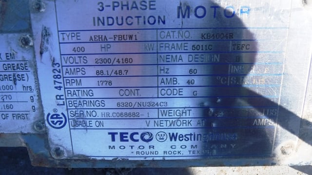 400 HP 1800 RPM Teco Westinghouse, Frame 5011B/C/S, TEFC BB, 2300/4160 Volts - Image 1