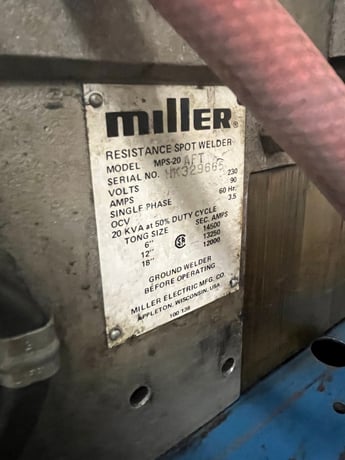 20 KVA Miller #MPS-20AFT, spot welder,pedestal,air operated, 10" tongs, 1/4"cap., 230 V. - Image 2