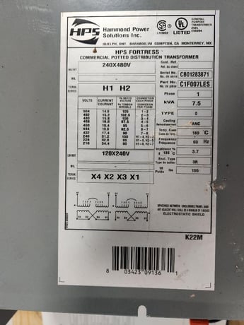 7.5 KVA 240/480 Primary, 120/240 Secondary, Hammond Power Solutions Fortress #C1F007LES - Image 1