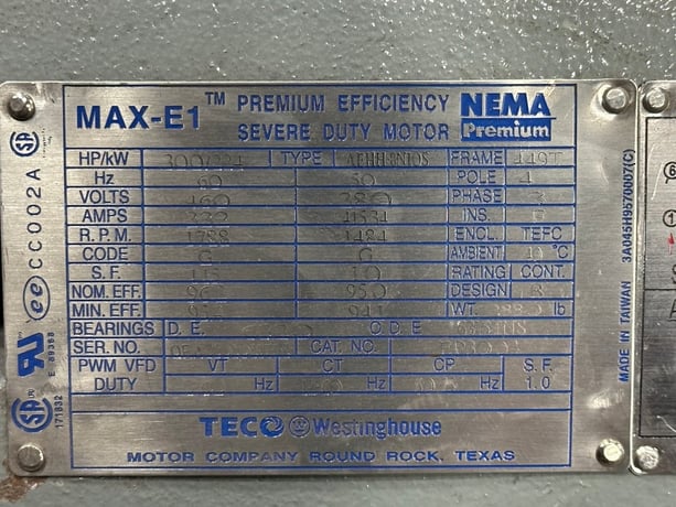 300 HP 1800 RPM Teco-Westinghouse, Frame 449T, TEFC, 50/60HZ, 380/460 Volts w/1HP Aux Fan - Image 3