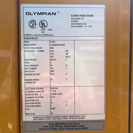 125 KW Olympian #G125G1 GM-8.1L, Natural gas generator,open skid, 120/208 Volts,Tier 2,2008 - Image 3