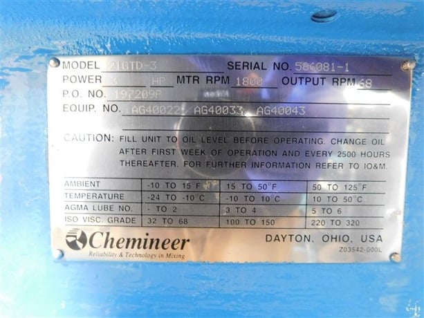 3 HP @ 1800 RPM in, Chemineer #21GTD03, turbine agitator, 68 RPM out, unused surplus - Image 5