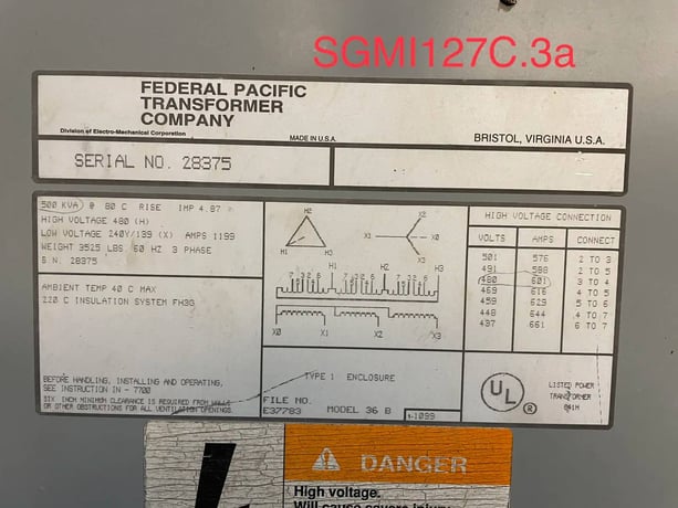 500 KVA Federal Pacific #36B, Transformer, 480 V, 3 phase - Image 7