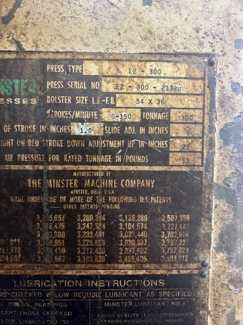 300 Ton, Minster Hevistamper #E3-300-54-36, straight side double crank press, 1.5" stroke, 22" Shut Height - Image 4