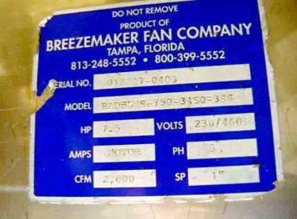 Breezemaker Fan Co. #RADBLWR-750-3450-3SS, Centrifugal Blower, 7.5 HP, 3525 RPM, 230/460 V - Image 7