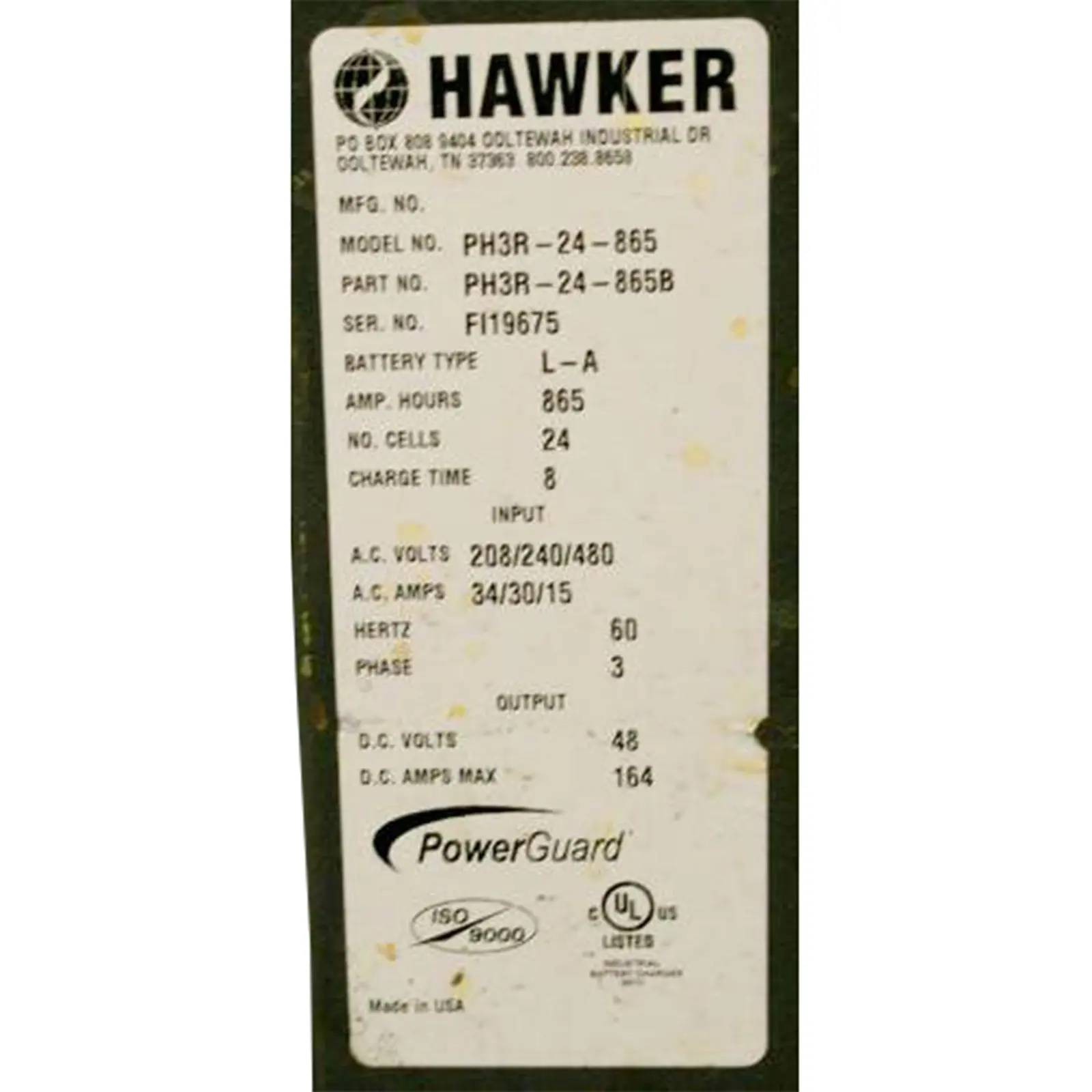 Hawker #PH3R-24-865, Power Guard Charger, Input 208/240/280 V, 3 phase, Output 48 V - Image 2