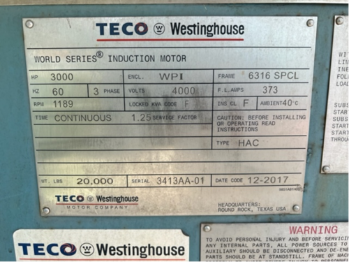 3500 HP 1189 RPM Teco Westinghouse, Frame 6316 SPCL, weather protected I/II, SB, 2300/4160 Volts - Image 2