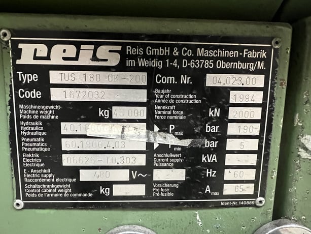 224 Ton, Reis #TUS-180-OK-200, hydraulic 4-post spotting press, 71" stroke, 98" DL, 71" x 98" bed, 1994 - Image 3