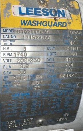 3 HP 1740 RPM Lesson Washguard #C182T17WB5, Electric Motor, Frame 182T, 208-230/460 Volts, 3 phase, 60 Hz - Image 2