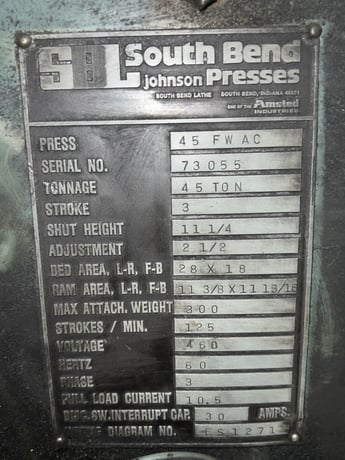 45 Ton, South Bend Johnson #45-FW-AC, single crank flywheel OBI press, 3" stroke, 11.25" Shut Height, 2.5" - Image 9