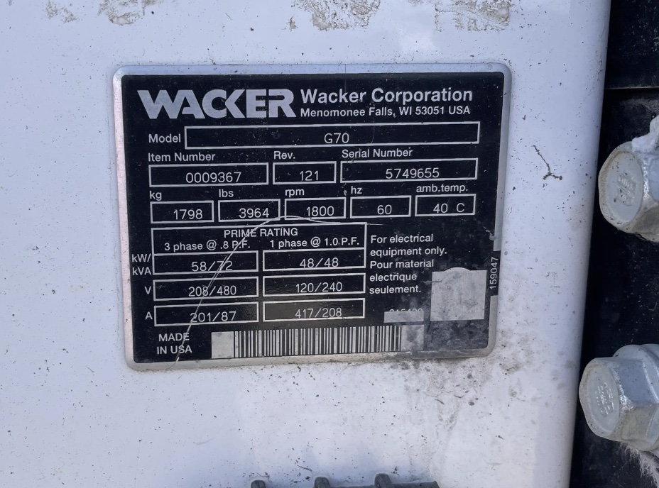 58 KW Wacker #G70, diesel generator, sound attenuated enclosure, multi-voltage, EPA Tier 3, 8128 hours, 2008 - Image 10
