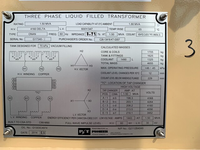 1500 KVA 4160 Delta Primary, 600Y/347 Secondary, Pioneer, step-down transformer, oil filled (x5) - Image 6