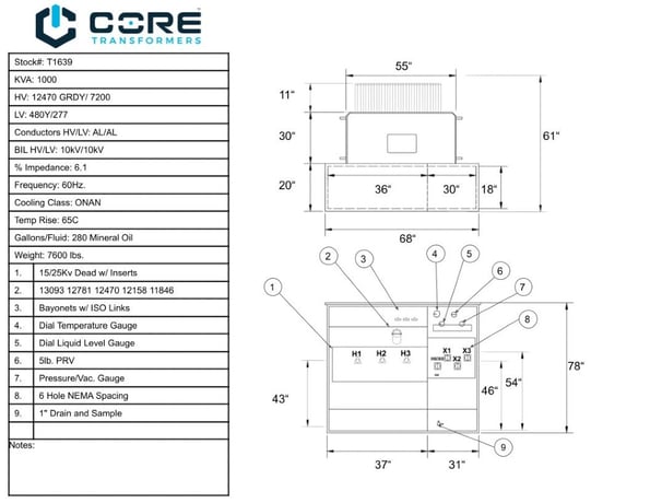 1000 KVA 12470GrdY/7200 Primary, 480Y/277 Secondary, Pad, Recon - Image 1