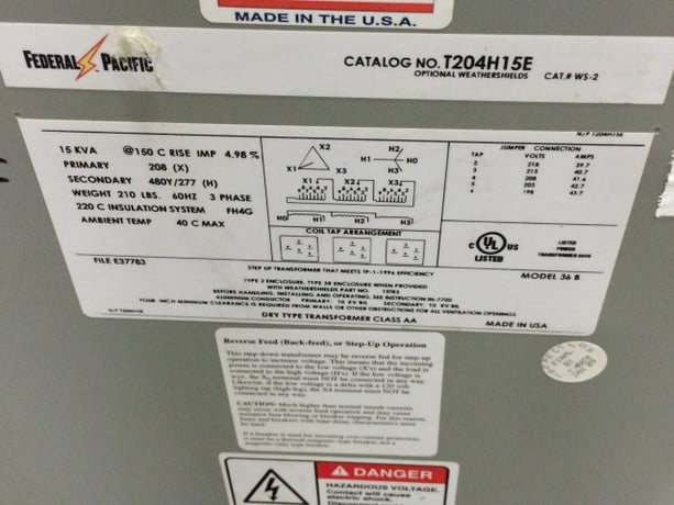 15 KVA 480 Primary, 277/208 Secondary, Federal Pacific #T204H15E, transformer - Image 2