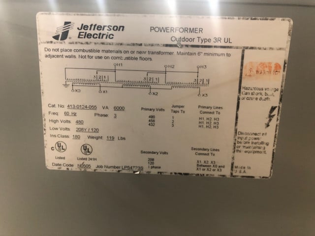 6 KVA 480 Primary, 208Y/120 Secondary, Jefferson transformer - Image 4