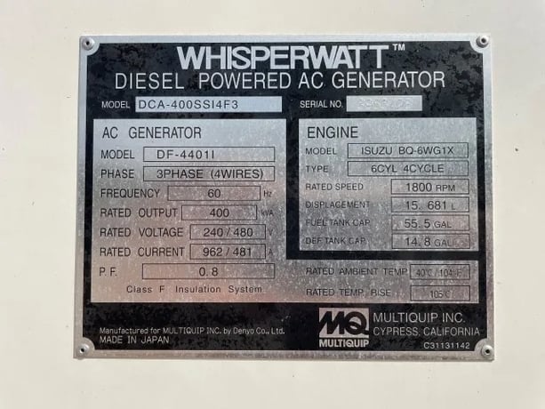 320 kW MultiQuip Whisperwatt DCA-400SSI4F3 Diesel Generator, 277/480 Volts, Trailer Mounted, 2021 - Image 6