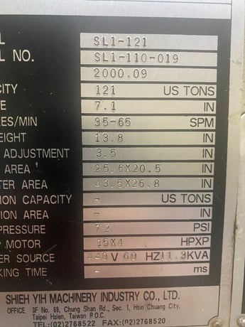 121 Ton, Seyi #SL1-121, gap frame press, 7.1" stroke, 13.8" Shut Height, 35-65 SPM, 2000 - Image 4